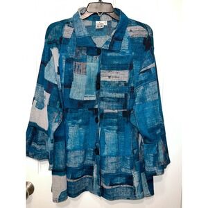 Paisley & Sage Blue Abstract Patchwork Button Down Jacket Women 3X Bell Sleeve